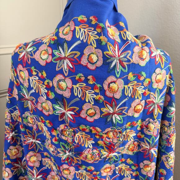 Embroidered Floral Royal Blue Shawl Wrap with Fringe Vibrant Boho Festival - Picture 6 of 9